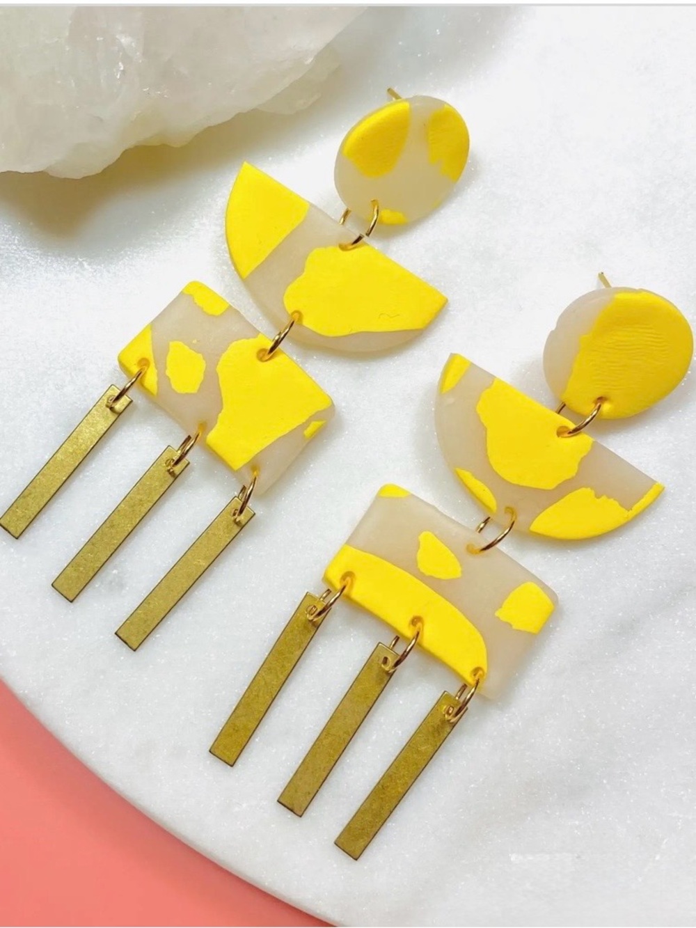 Yellow & Cream Geometric Drop Earrings with Gold Bars